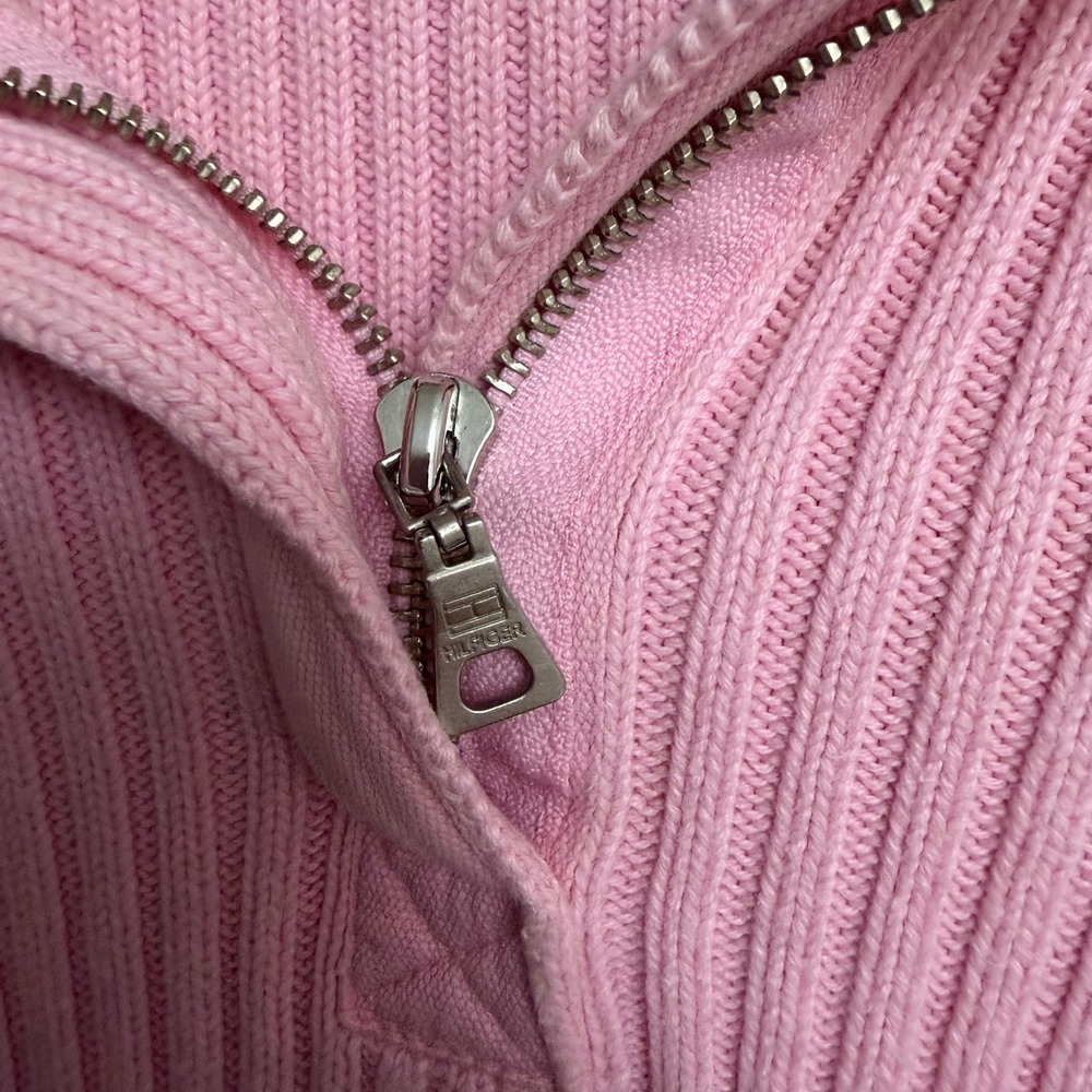 y2k Tommy Hilfiger Jeans Pink Ribbed Quarter Zip Sweater Large Preppy Coquette - Picture 3 of 8